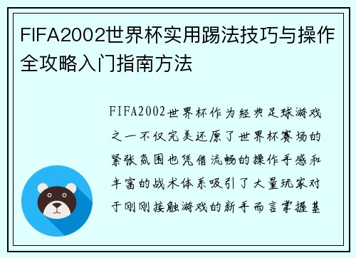 FIFA2002世界杯实用踢法技巧与操作全攻略入门指南方法